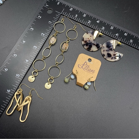 Gold Tone Pierced Earring Bundle Tortoise Shell Shoulder Dusters 4 Pairs Lot - Picture 2 of 8